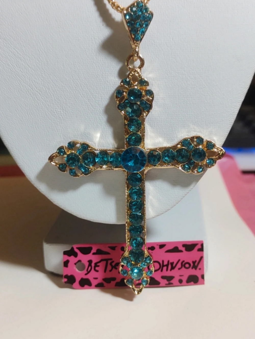 Betsey Johnson Gold-Tone Cross Necklace with Teal Crystals